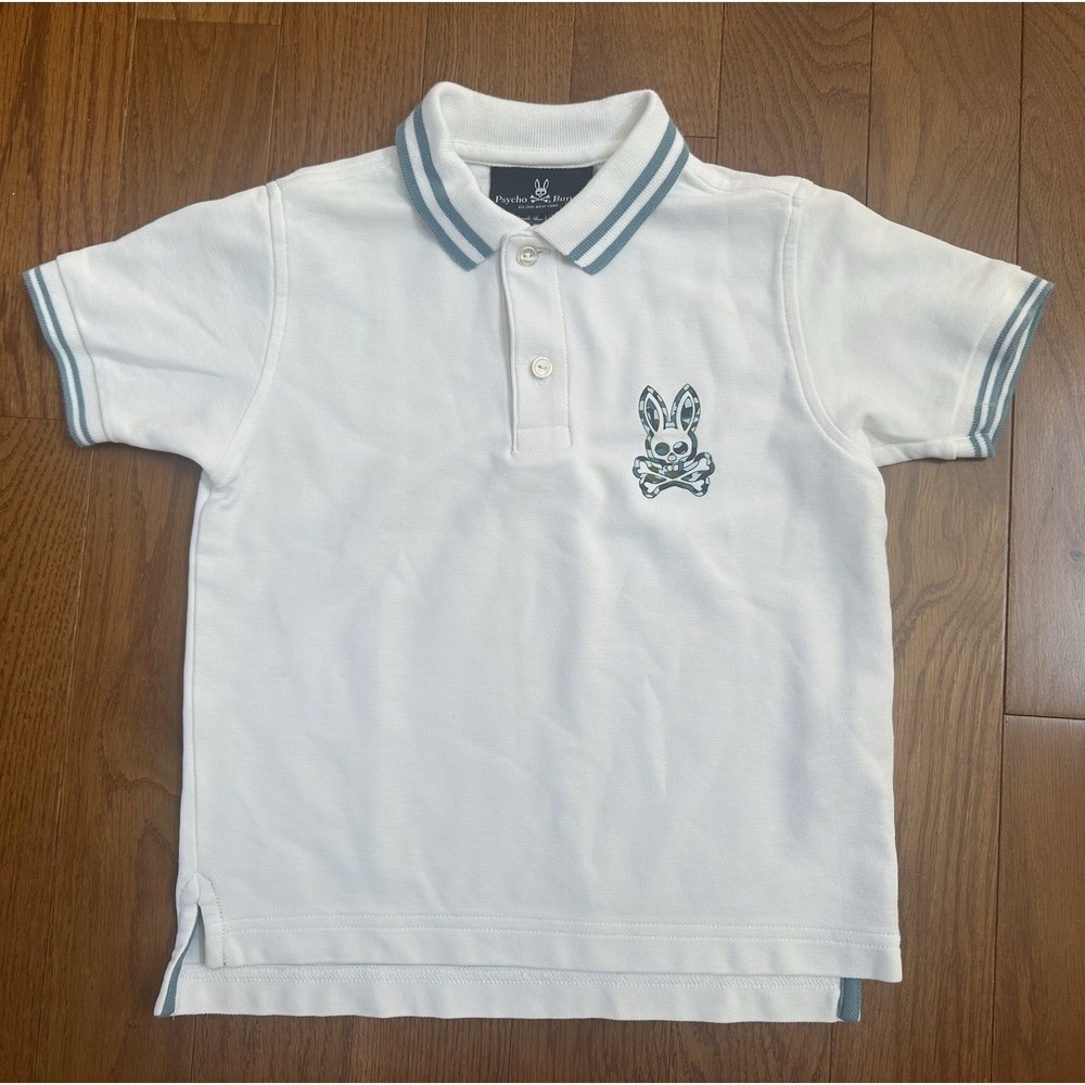 Psycho Bunny Boys Polo Shirt XS 5/6 White Blue Striped Collar Bunny Skull EUC